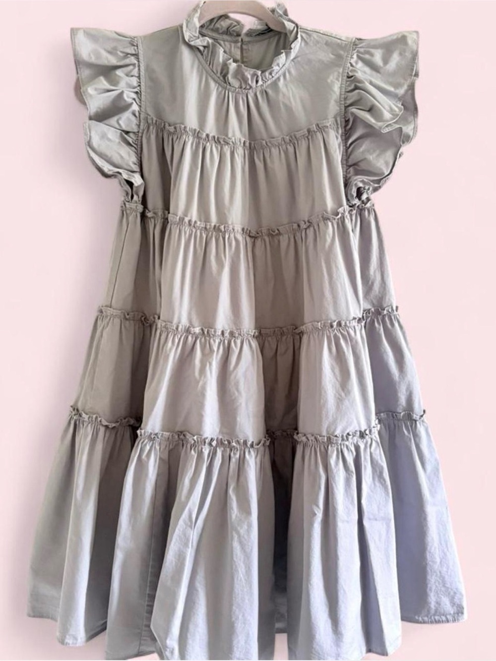 blue/grey dress with ruffles